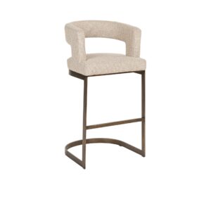 Tabouret de bar haut avec assise rembourrée et dossier ouvert, piètement en métal noir.