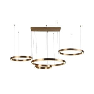 Shimmering gold pendant lights with modern circular shapes, perfect for luxurious interior design.