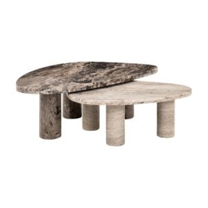 Set aus Marmor-Couchtischen mit zylindrischen Beinen, modernes Design für die Inneneinrichtung.