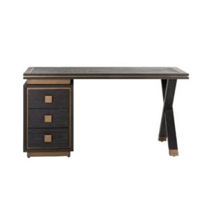 Eleganter Schreibtisch aus Holz mit moderner schwarzer Holzoberfläche und goldenen Details für die Inneneinrichtung.