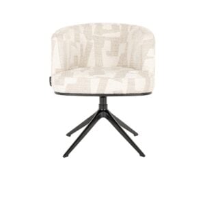 Chaise de salle à manger avec motif géométrique beige et piètement étoile noir, un meuble élégant pour un intérieur moderne.