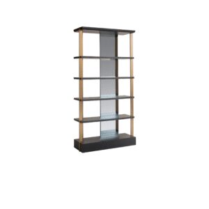Wooden and black bookshelf with mirror for modern interior design.