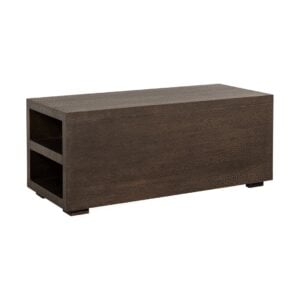 Esstisch aus dunklem Holz mit halbrundem Design, modern und elegant.