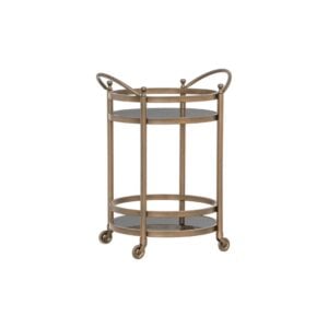 Kleiner Metalltisch auf Rollen, modernes Wohnaccessoire, goldfarben, praktisches und stilvolles Design.