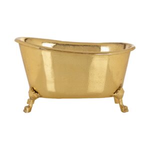 Gold bathtub with elegant legs, luxurious bathroom design, and elegant interior.