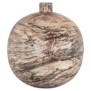 Round marble vase with natural earth tones and a marble pattern, an elegant decorative piece for the home.