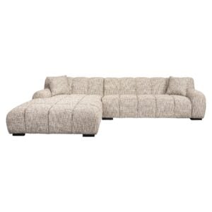 Canapé avec méridienne, revêtu d'un tissu clair et neutre, pour des pièces à vivre élégantes et confortables.