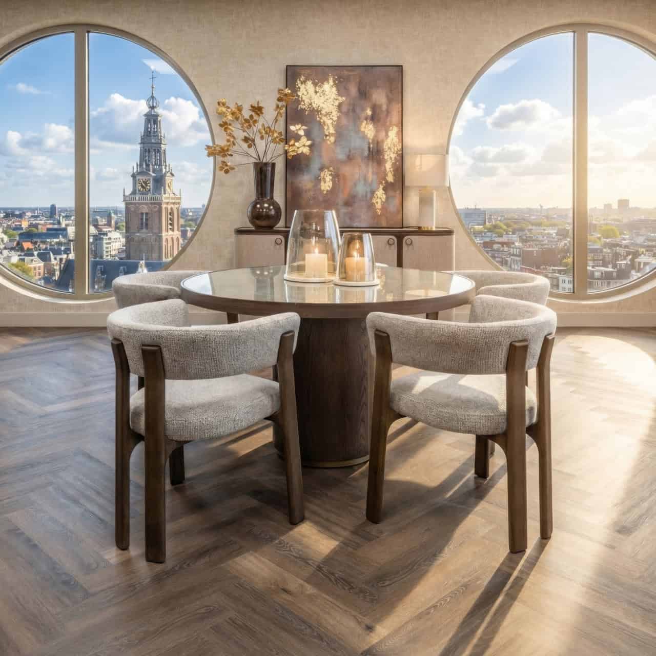 Ein moderner Esstisch mit bequemen Stühlen und großen Fenstern mit Blick auf die Stadt.