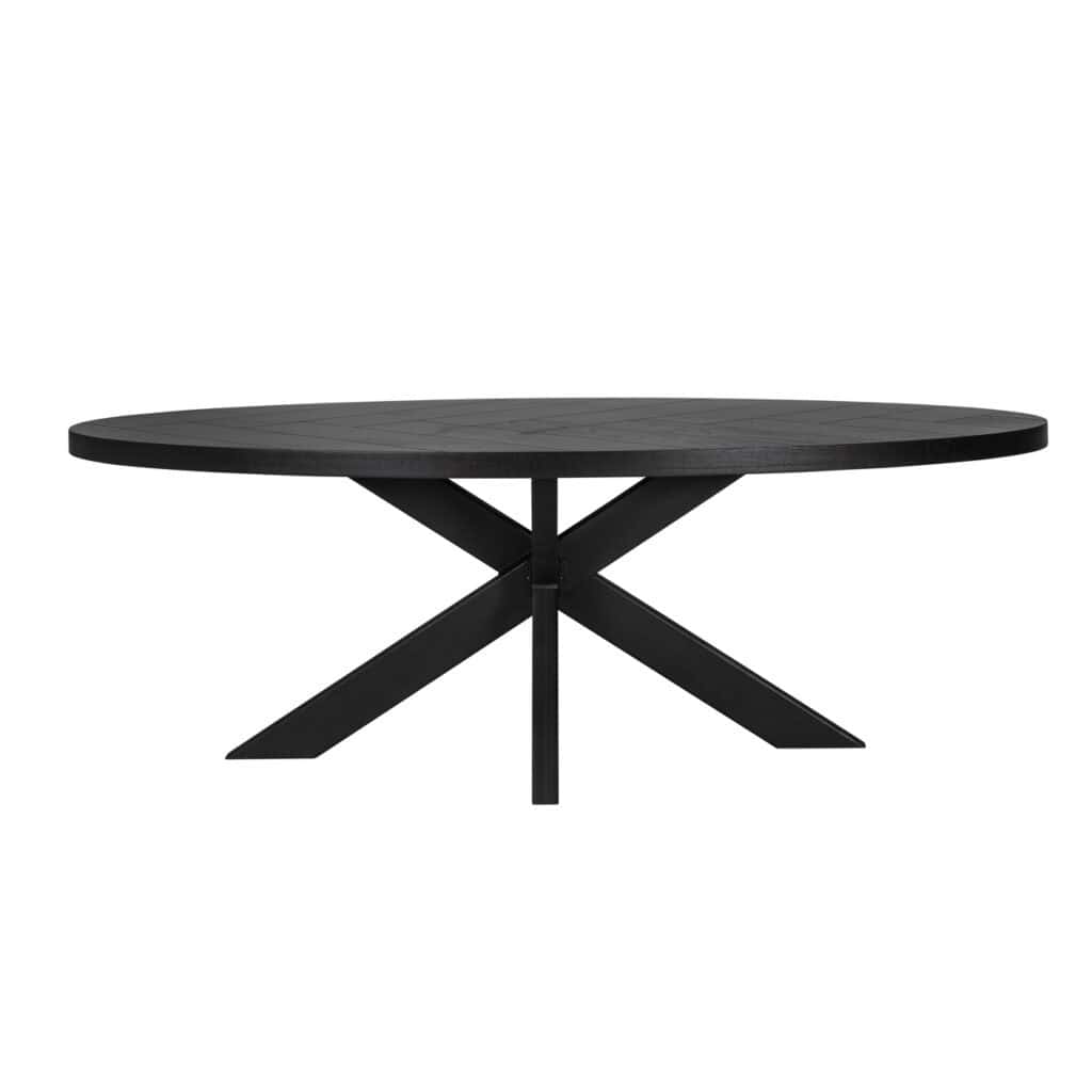 Moderne zwarte eettafel met houten blad en X-vormige poten, perfect voor interieurdesign.