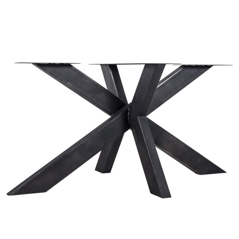 Moderne zwarte metalen eettafel met sculpturale basis voor stijlvolle interieurs.