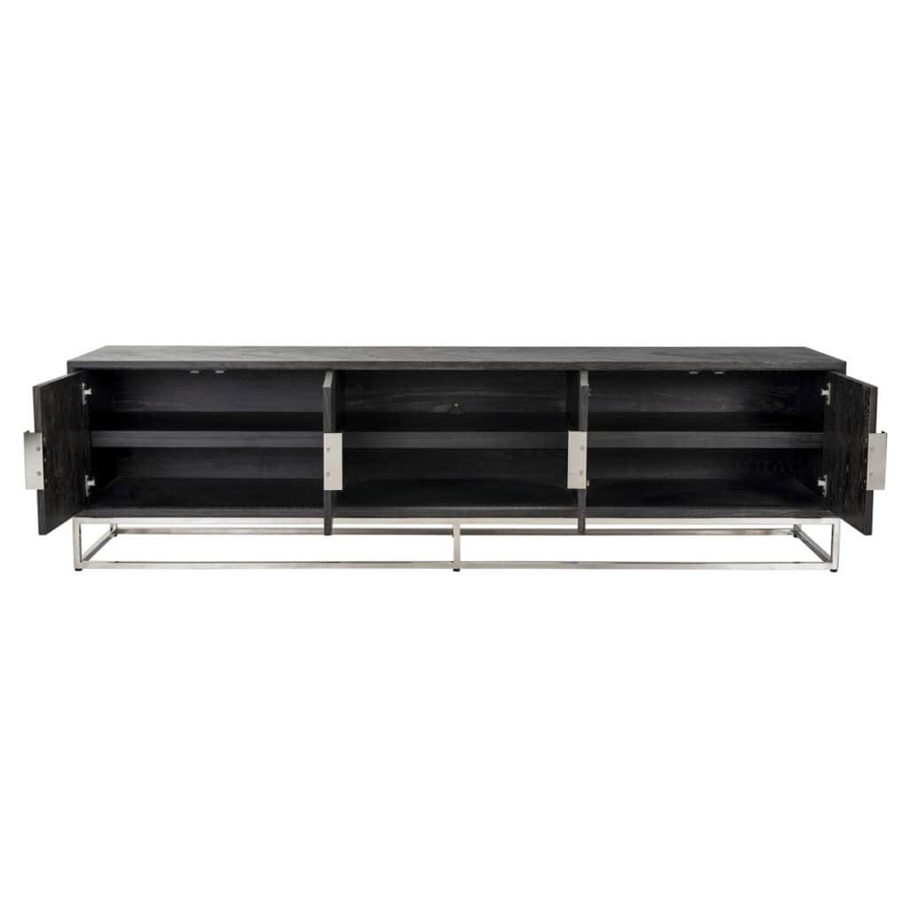 Modern zwart houten tv-meubel met metalen frame, geschikt voor woonkamer decoratie.