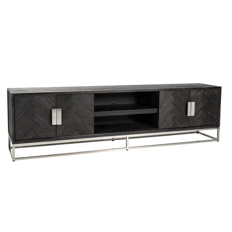 Zwart houten tv-meubel met metalen frame en opbergruimte, modern design.