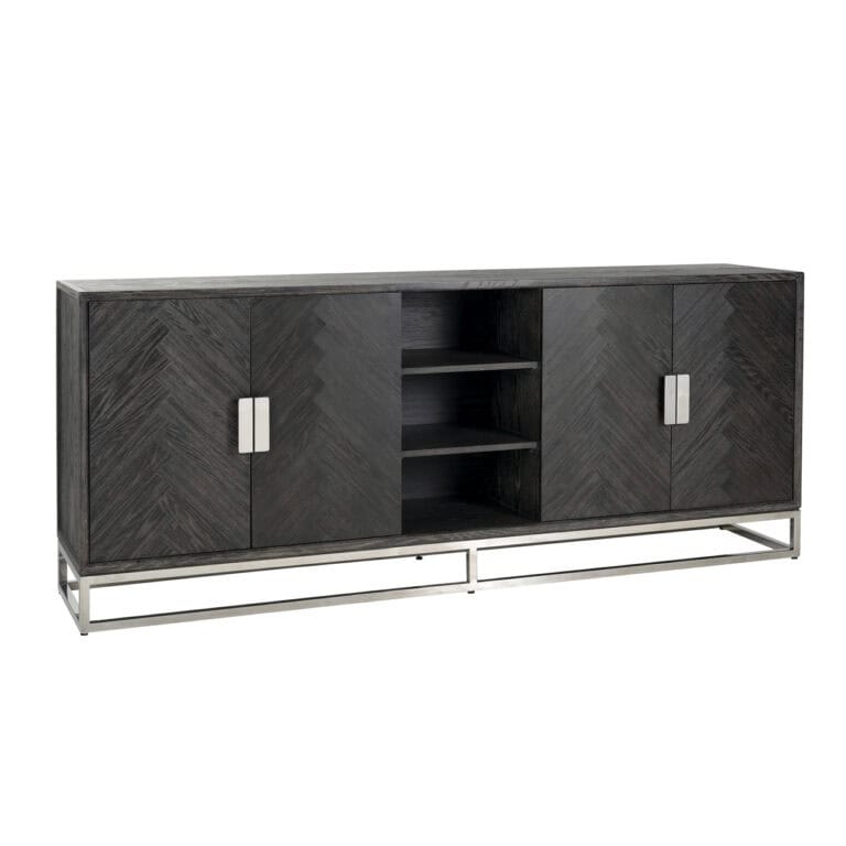 Zwart houten dressoir met metalen voet, ideaal voor moderne interieurdecoratie en opbergruimte.