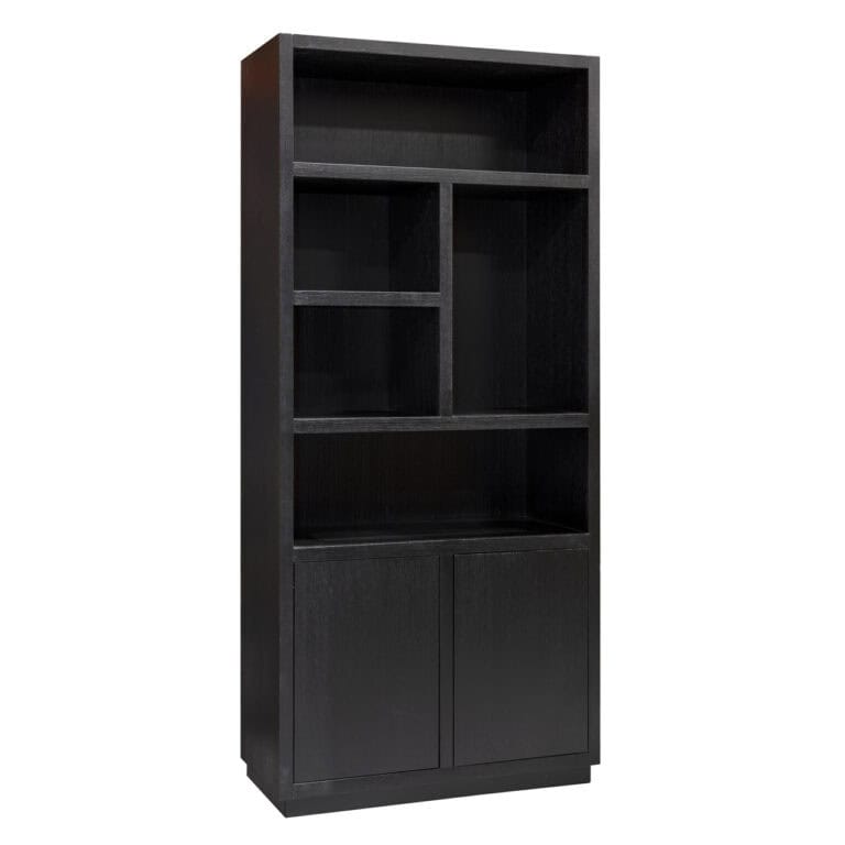 Moderne zwarte boekenkast met open vakken en gesloten onderkast, perfect voor interieurdecoratie.