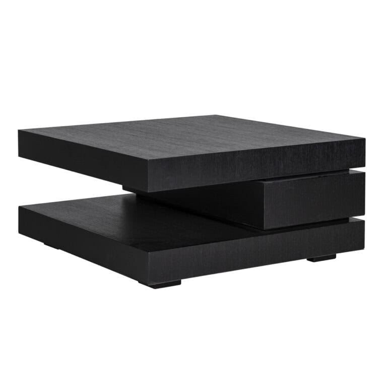 Strakke zwarte houten salontafel met moderne design, perfect voor eigentijdse woonkamers.