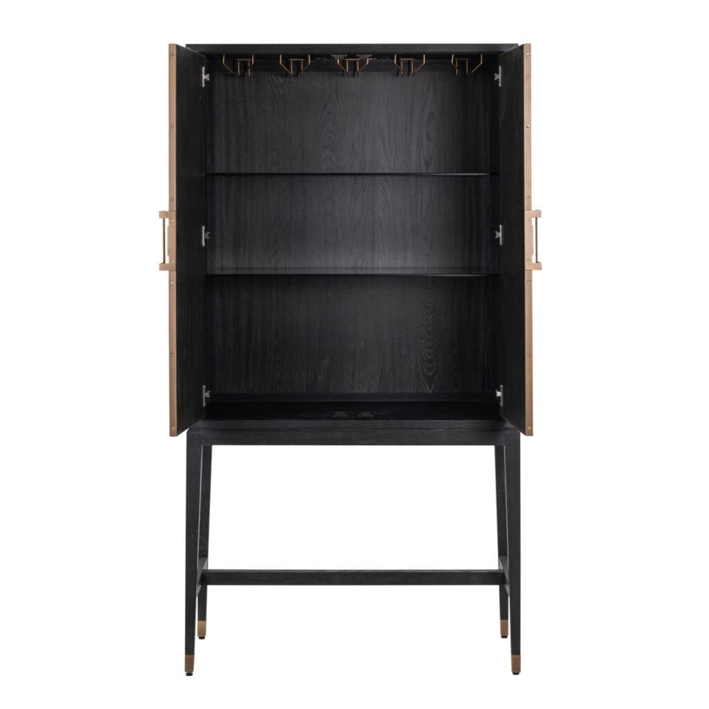 Moderne zwarte houten kast met tafel en opbergruimte, perfect voor interieurdecoratie.