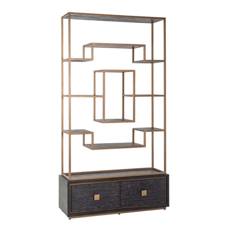 Moderne houten en metalen boekenkast met open vakken en opbergruimte.