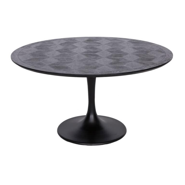 Moderne ronde eettafel met geometrisch patroon, zwart onderstel en stijlvolle uitstraling voor eigen.