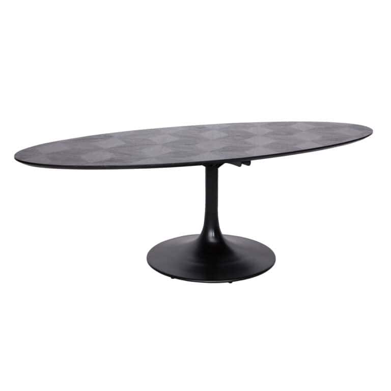 Moderne eettafel met marmeren blad en zwarte voet, perfect voor luxe interieur.
