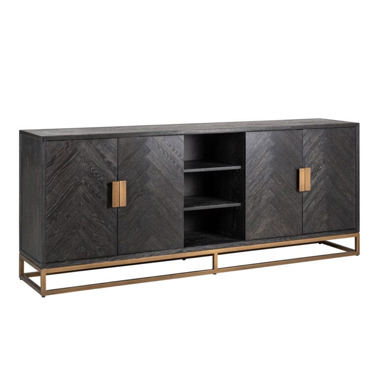 Zwart houten dressoir met gouden metalen voet, modern design voor stijlvolle interieurdecoratie.