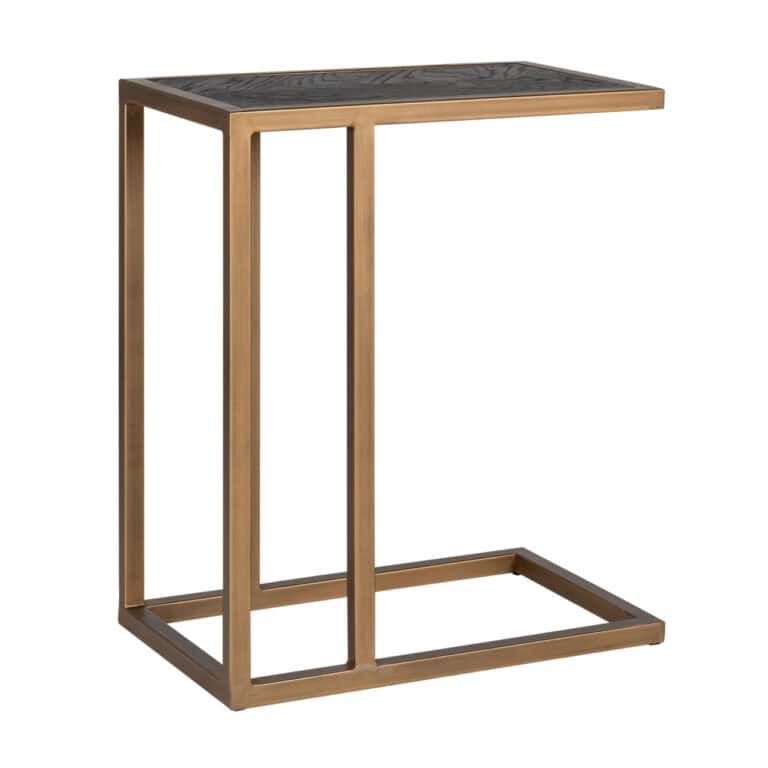 Moderne bijzettafel met houten frame en zwart blad, perfect voor interieurdecoratie.