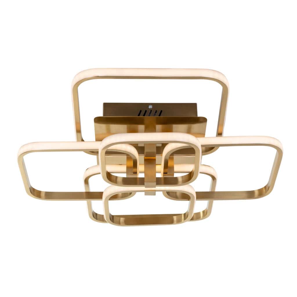 Moderne LED plafondlamp met geometrisch ontwerp en houten details voor stijlvolle verlichting.