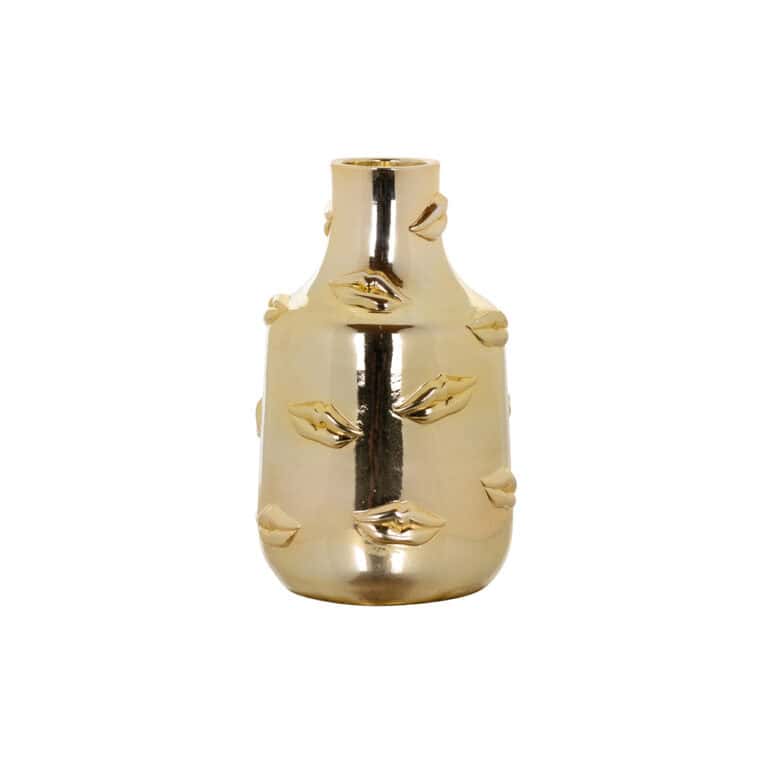 Luxe gouden vaas met lipaccenten, perfect voor modern interieur.