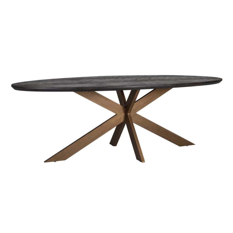 Eettafel met houten onderstel en donker houten blad, modern design.