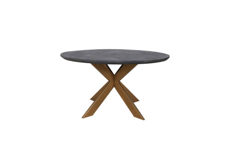 Moderne eettafel met zwart marmeren blad en houten onderstel, perfect voor stijlvolle eetkamers.