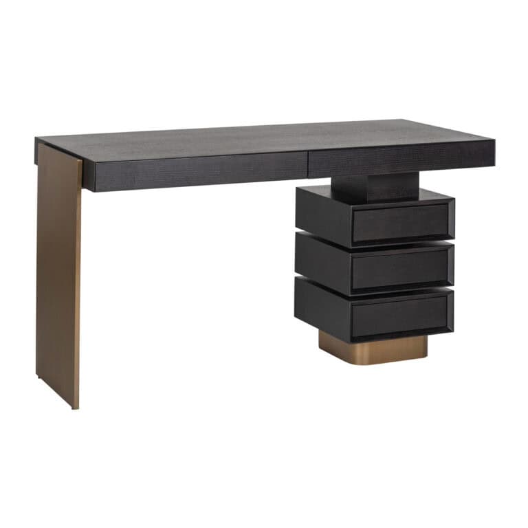 Modern bureau met houten en zwarte lade, perfect voor interieurdesign.