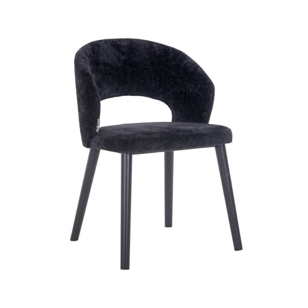 Zwarte velvet eetkamerstoel met comfortabele ronde rugleuning en houten poten.