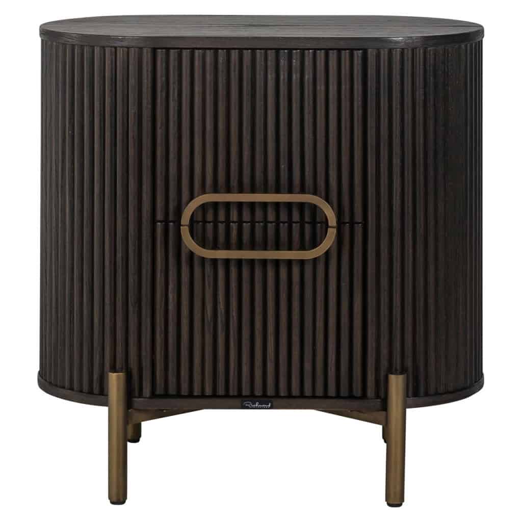 Elegant houten dressoir met goudkleurige handgreep en verticale groeven, modern meubelstuk voor stij.