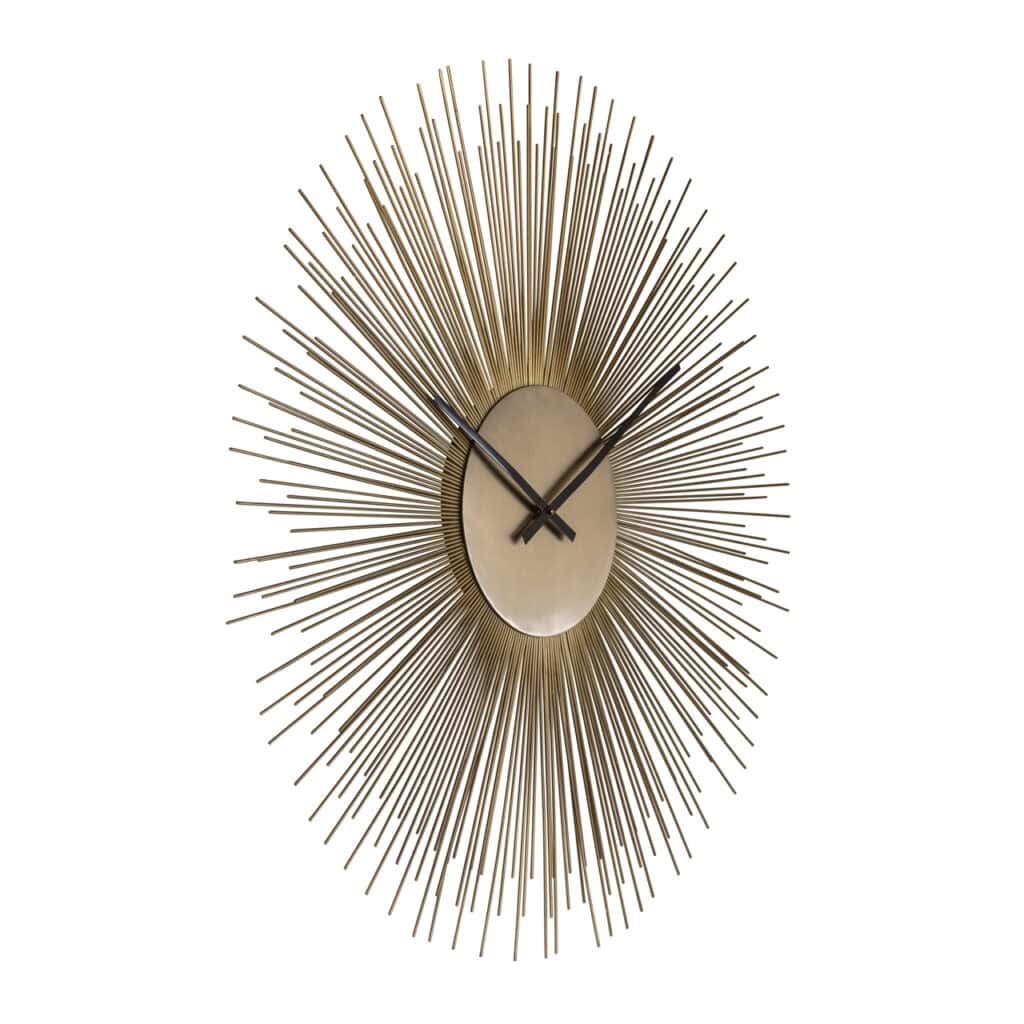 Moderne gouden wandklok met stralend design en zwart wijzers voor stijlvolle interieurdecoratie.