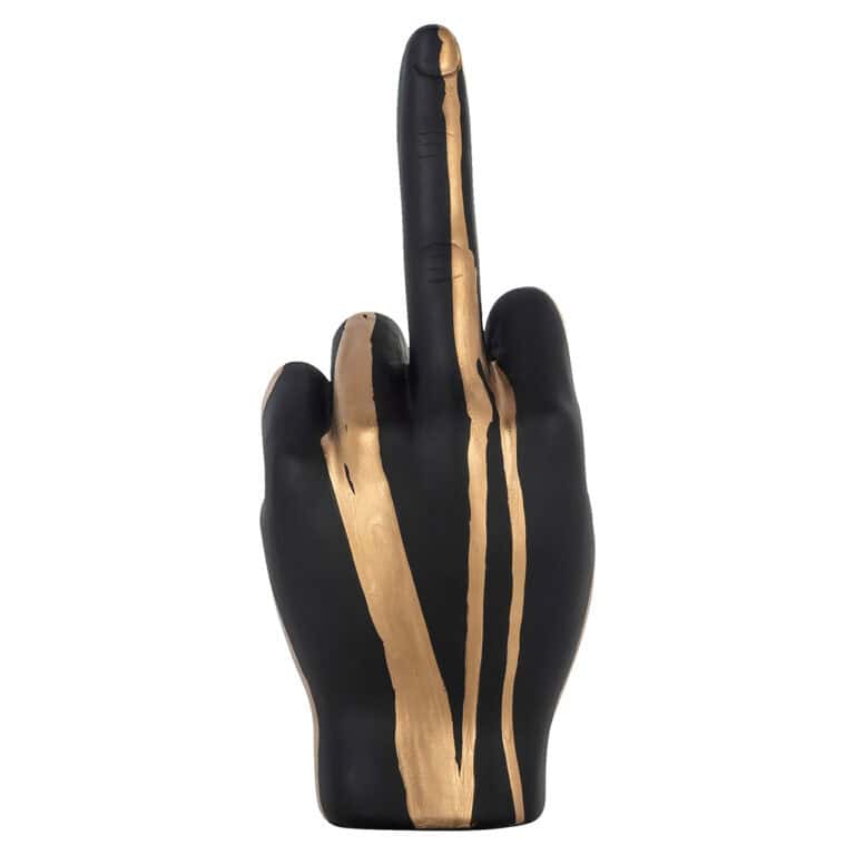 Sculpture de mains avec des détails noirs et dorés, objet d'art moderne.
