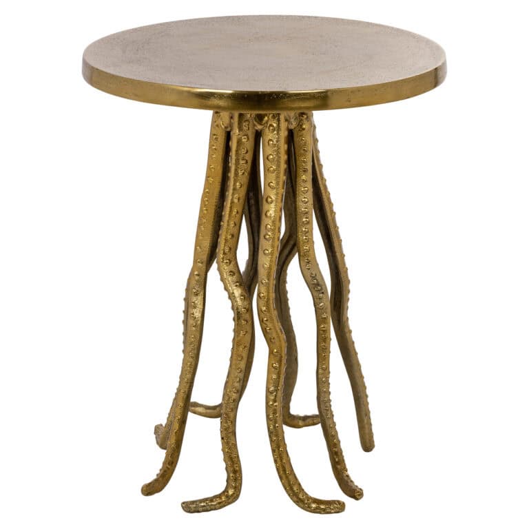 Luxe gouden bijzettafel met sierlijke, gedetailleerde poten en marmeren blad.