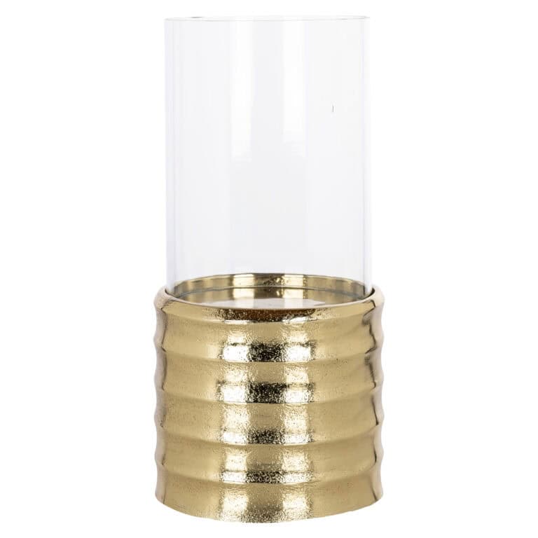 Elegante glazen vaas met gouden, geribbelde basis voor decoratie.