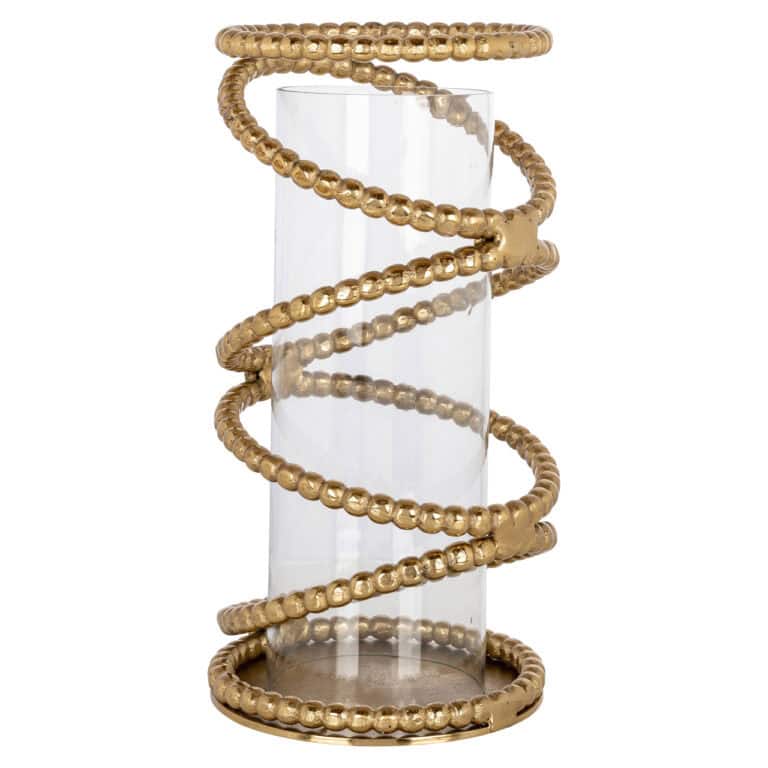 Gouden spirale sieradenhouder op glazen standaard, elegant en modern design.