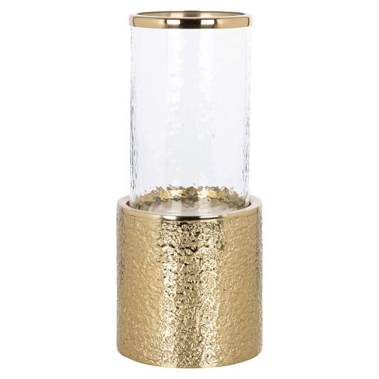 Luxe glazen vaas met gouden basis en heldere bovenkant, perfect voor elegante interieurdecoratie.