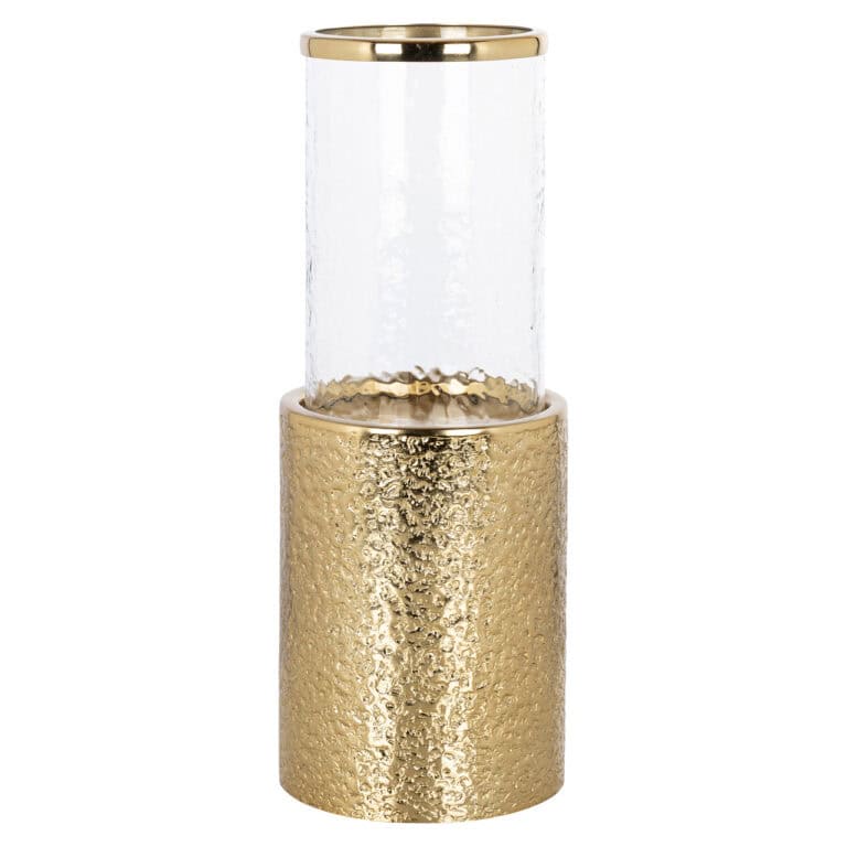 Luxe glazen vaas met gouden basis en glazen bovenstuk, elegant design.