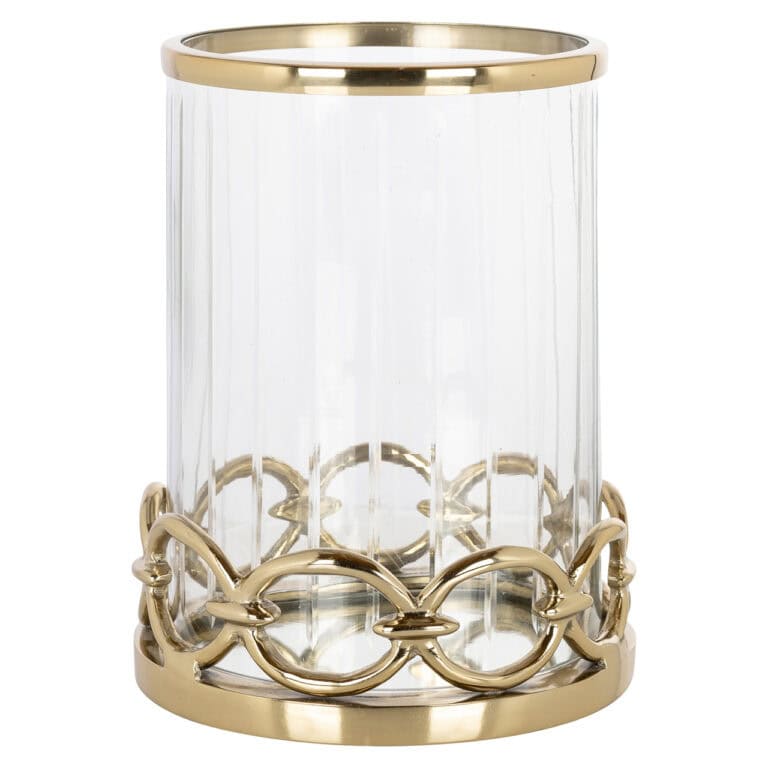 Glazen houder met goudkleurige kettingdecoratie, perfect voor interieuraccessoires en decoratie.