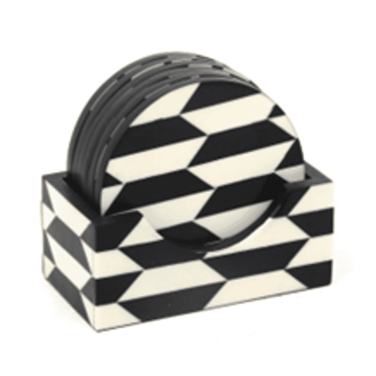Plateau noir et blanc à motifs géométriques, au design moderne, idéal pour la décoration d'intérieur.