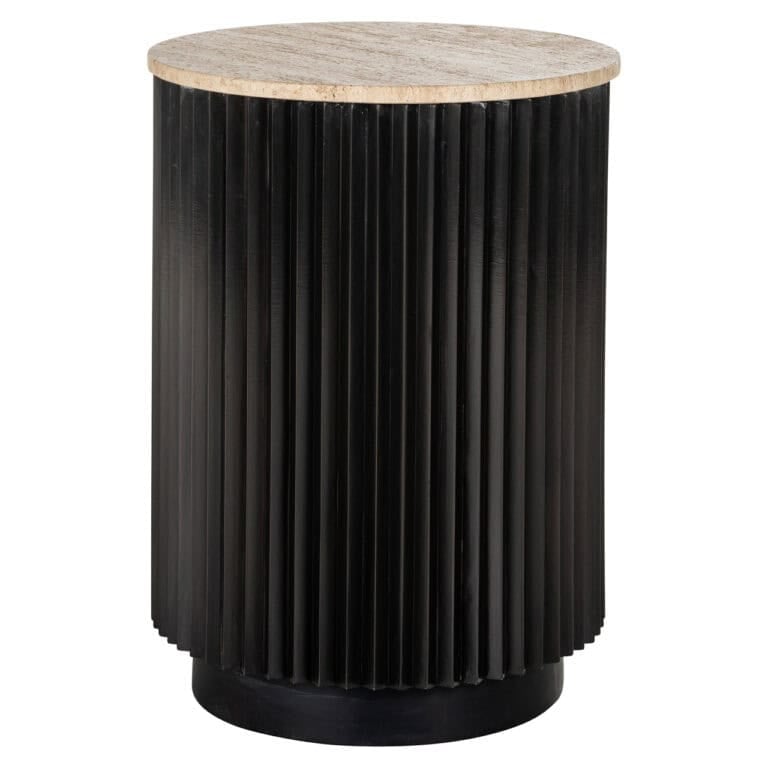 Zwart en beige bijzettafel met verticale ribbels, modern design voor interieurdecoratie.