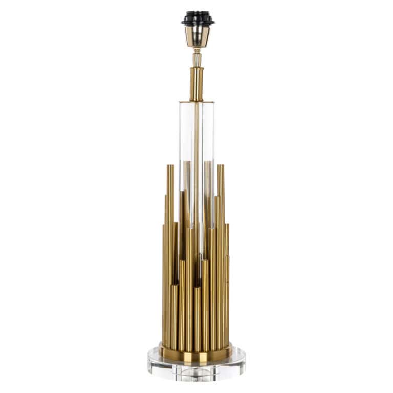 Moderne gouden tafellamp met glazen basis en uniek design, perfect voor interieur.