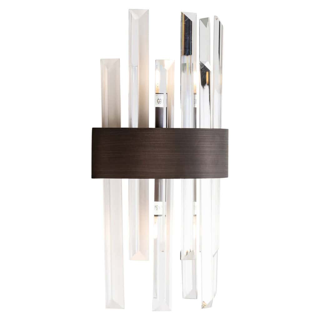 Moderne wandlamp met glazen en houtaccent, perfect voor eigentijdse interieurs.