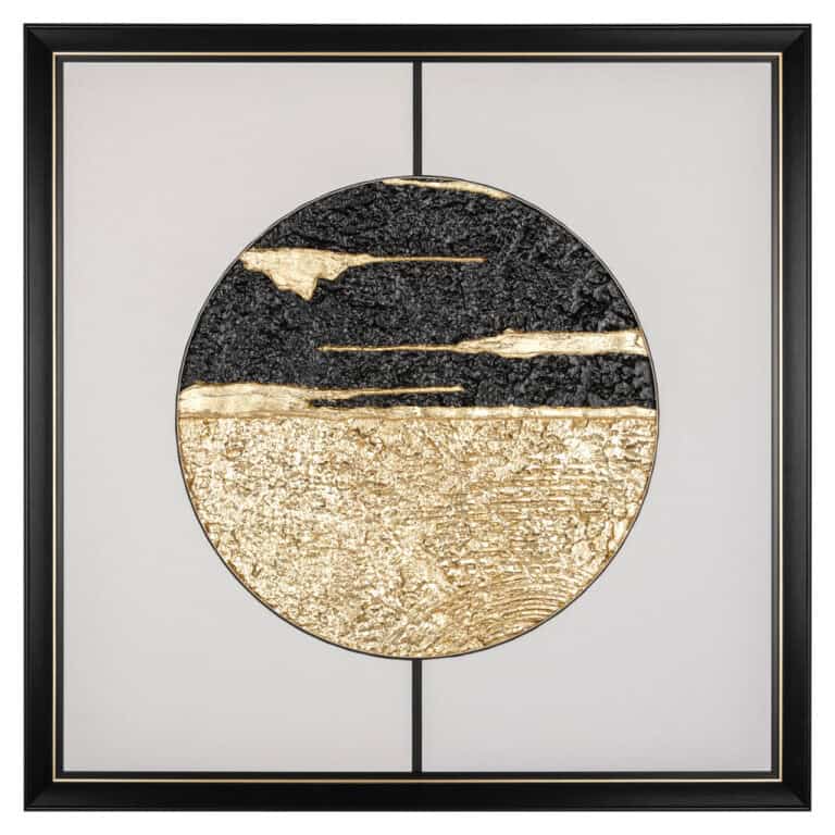 Œuvre d'art mural abstraite avec des détails gold noirs, décoration d'intérieur moderne.