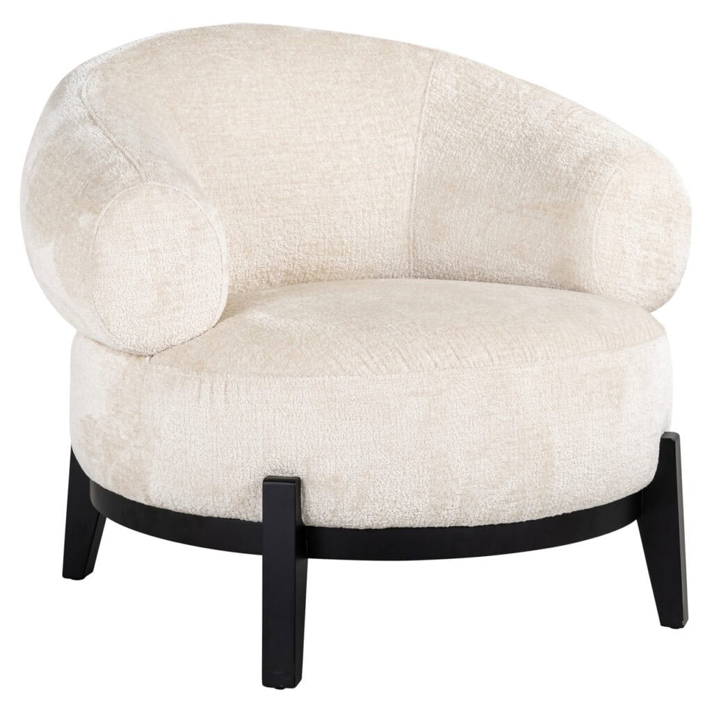 Bankje met zachte, beige bekleding en zwart houten poten, perfect voor een modern interieur en comfo.