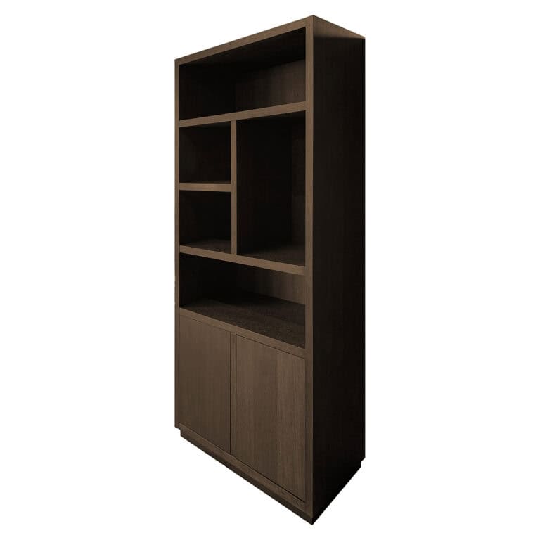 Moderne houten boekenkast met open vakken en gesloten opbergruimte, perfect voor woon- of kantoorint.