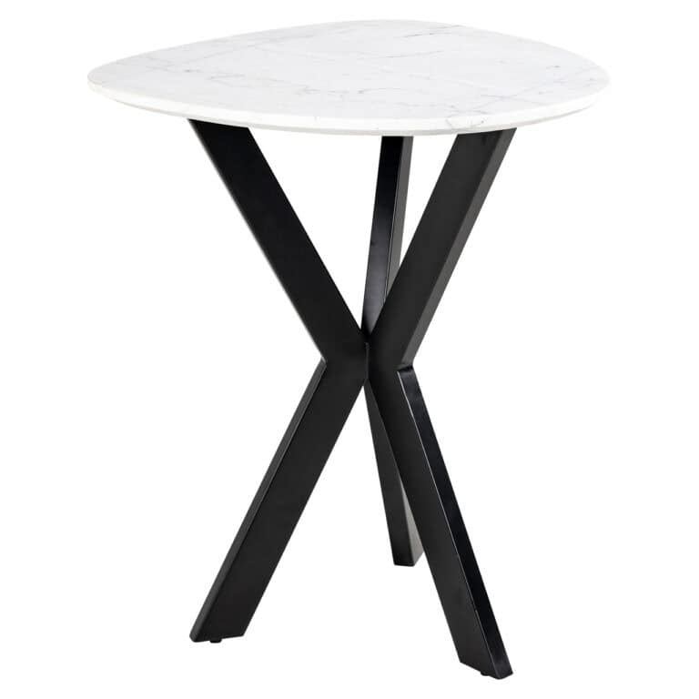 Kleine ronde salontafel met marmeren blad en zwart metalen onderstel, perfect voor modern interieur.