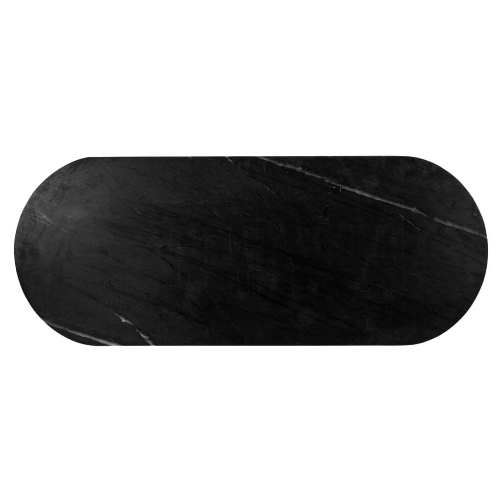 Moderne zwarte marmeren tafel met glad oppervlak en ronde hoeken, perfect voor interieurdesign.