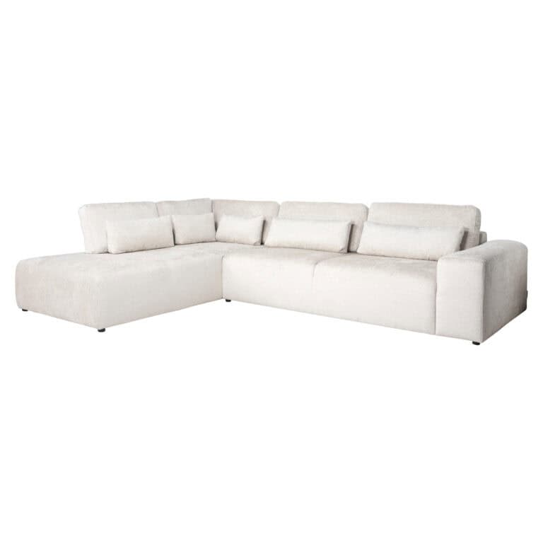 Modernes weißes Ecksofa mit bequemen Kissen, perfekt für stilvolle Wohnzimmer.